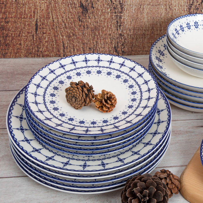 Hermia GBSATN24Y4R1614 Vajilla de Porcelana 24 Piezas Blanco y Azul Apta Lavavajillas Microondas
